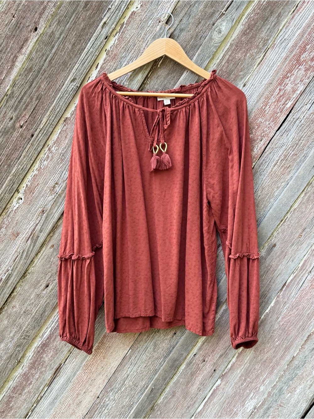 Knox Rose Rust Textured Boho Peasant Blouse XL Tassel Tie Balloon Sleeve